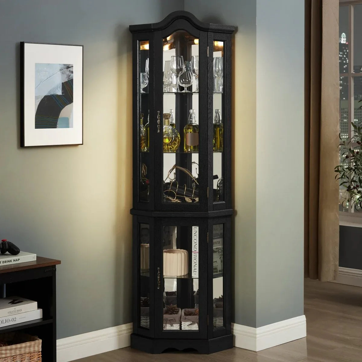 Lighted Corner Curio Cabinet With Tempered Glass Shelves - Omega Lifestyles