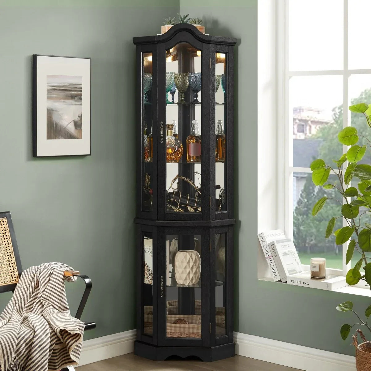 Lighted Corner Curio Cabinet With Tempered Glass Shelves - Omega Lifestyles