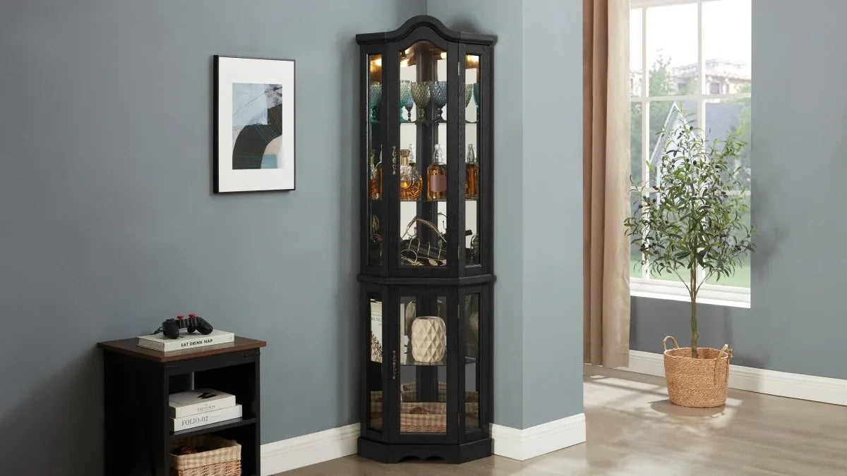 Lighted Corner Curio Cabinet With Tempered Glass Shelves - Omega Lifestyles