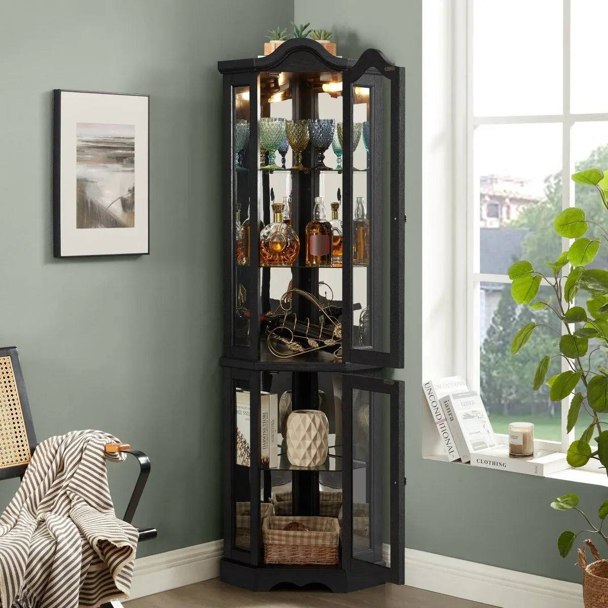 Lighted Corner Curio Cabinet With Tempered Glass Shelves - Omega Lifestyles