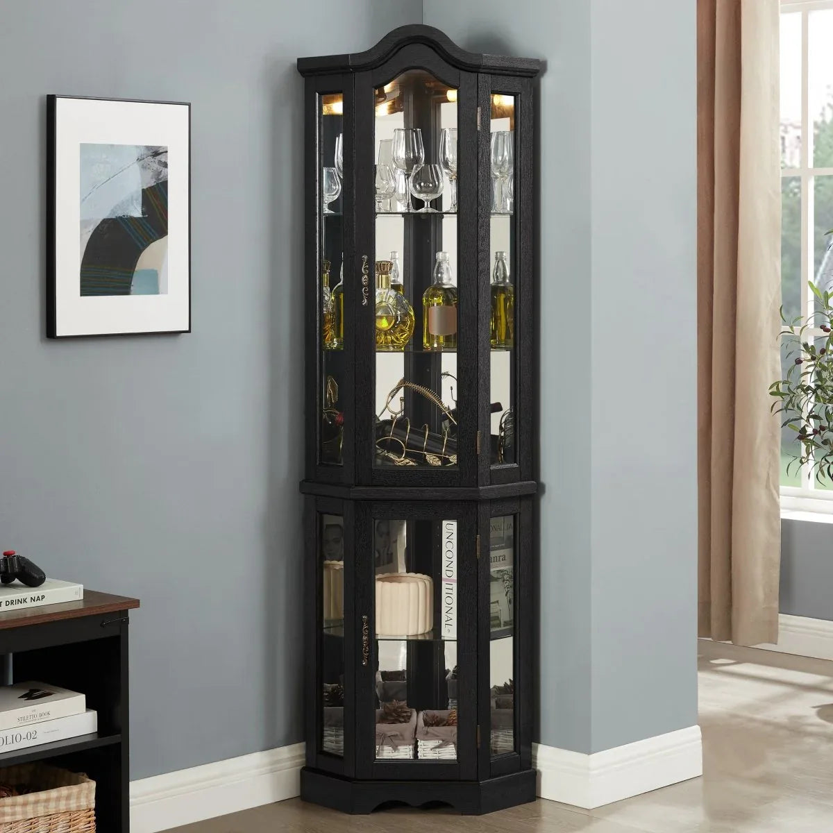 Lighted Corner Curio Cabinet With Tempered Glass Shelves - Omega Lifestyles