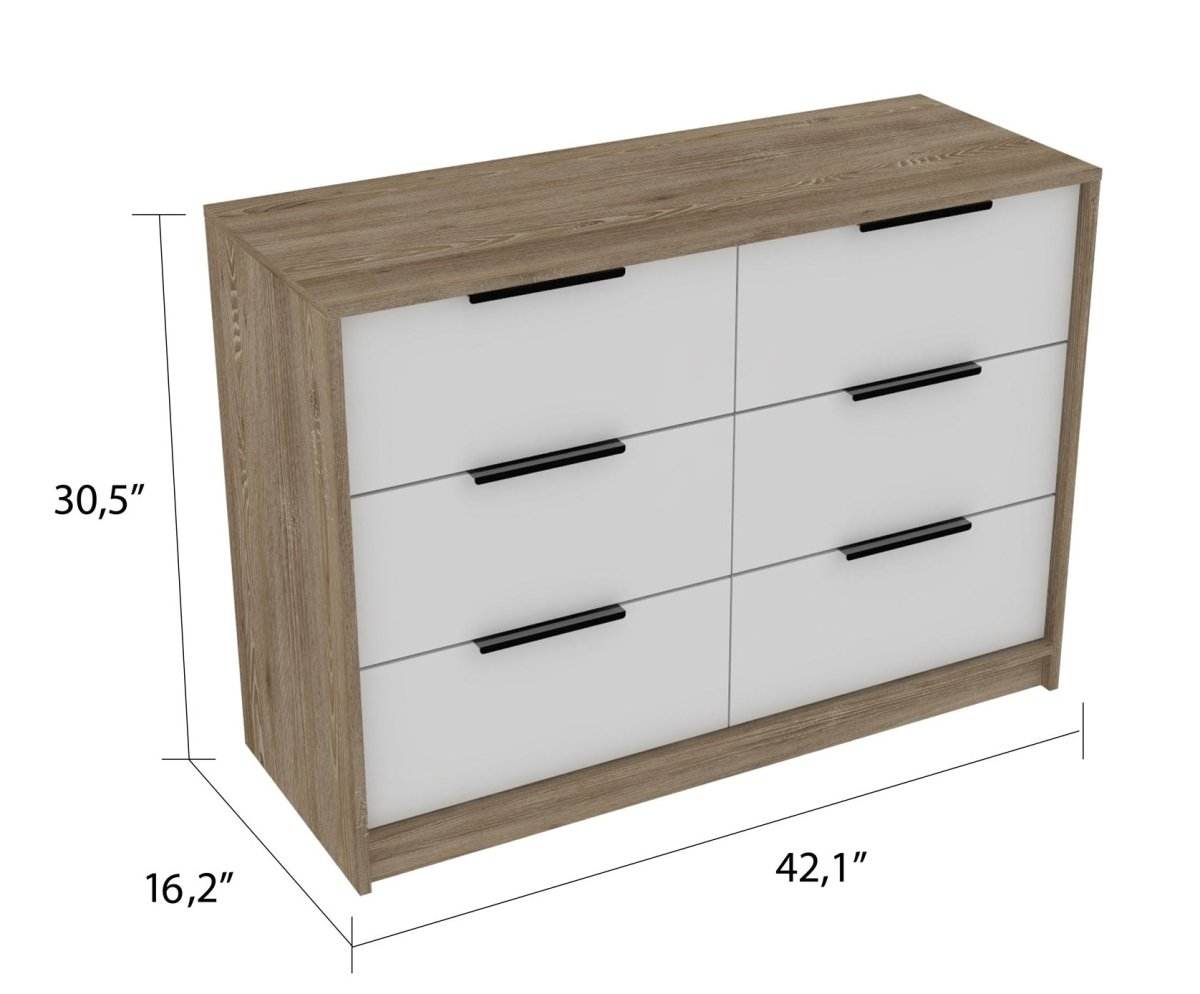Modern 6-Drawer Pine And White Rectangle Dresser - Omega Lifestyles