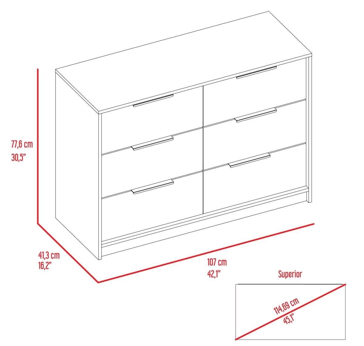 Modern 6-Drawer Pine And White Rectangle Dresser - Omega Lifestyles