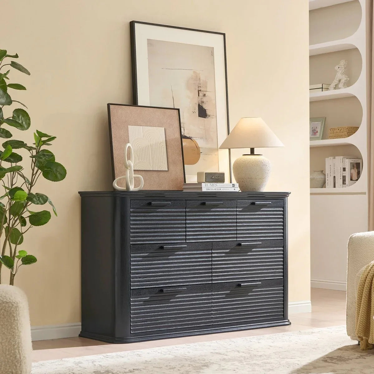 Modern 7-Drawer Black Woodgrain Storage Dresser - Omega Lifestyles