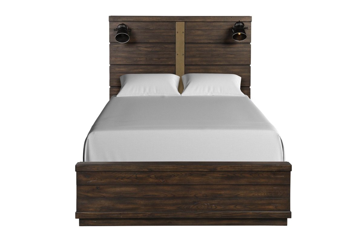 Queen Industrial Farmhouse Solid Wood Panel Bed With Bluetooth - Zenvia - Omega Lifestyles