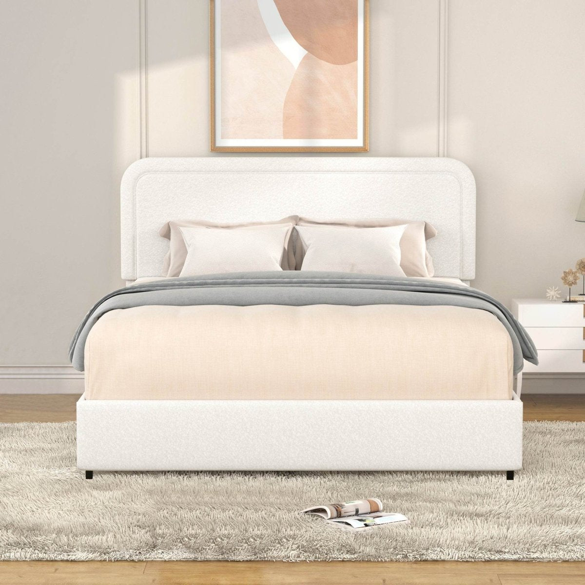 Queen Ivory Boucle Upholstered Platform Bed Frame With Storage - Zenvia - Omega Lifestyles