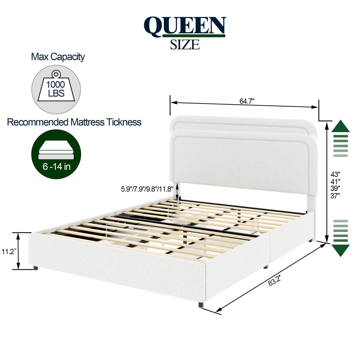Queen Ivory Boucle Upholstered Platform Bed Frame With Storage - Zenvia - Omega Lifestyles