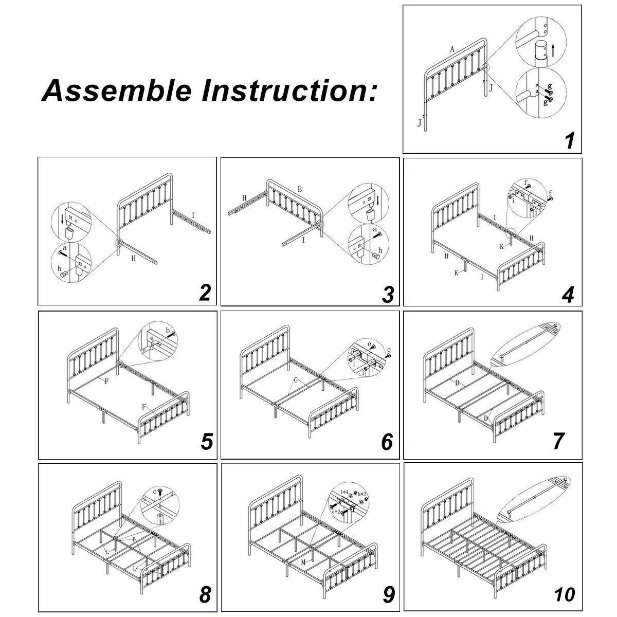 Queen Victorian Style Metal Bed Frame Platform No Box Spring - Zenvia - Omega Lifestyles