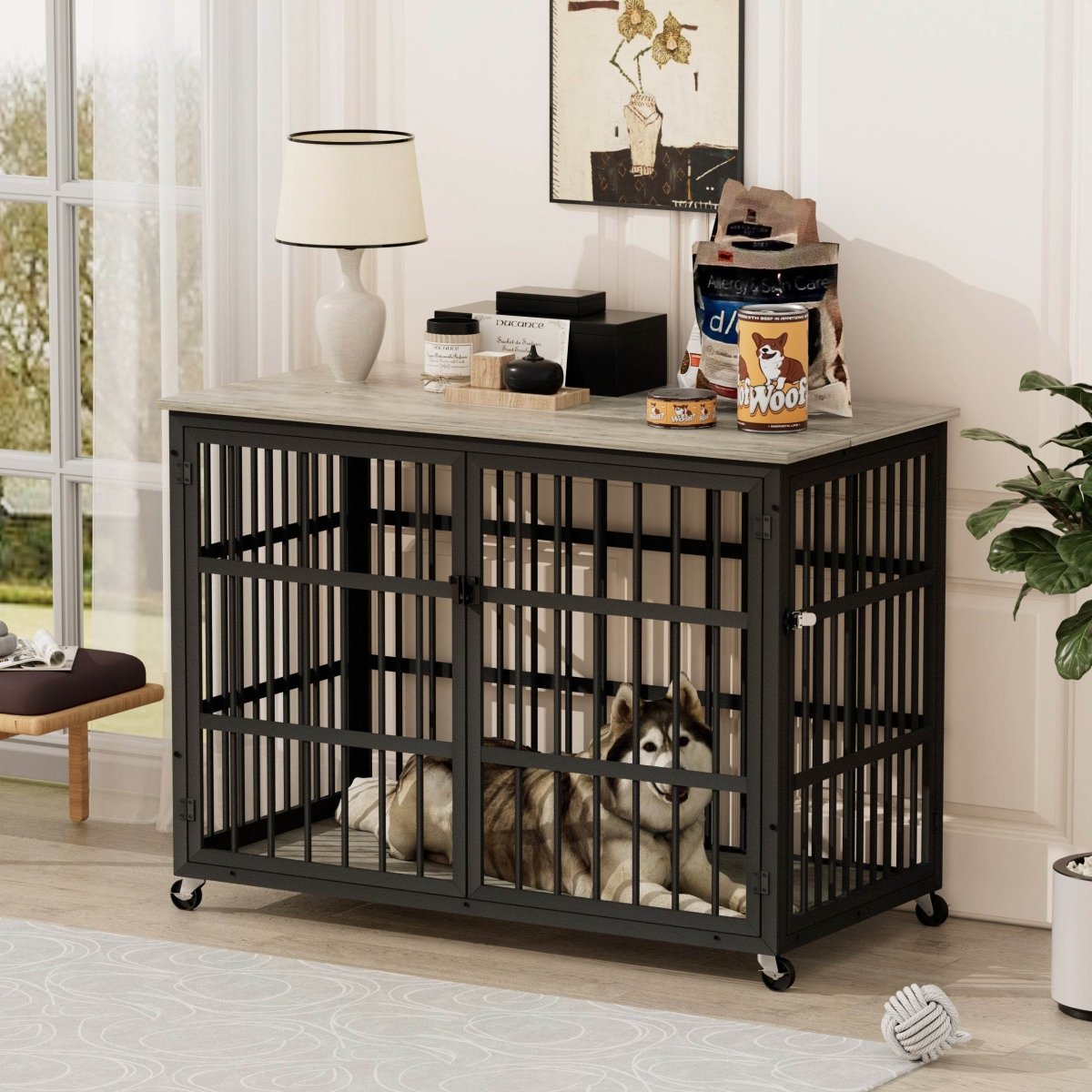 Rustic Brown Furniture Style Dog Crate With Wheels - Sleep Galleria