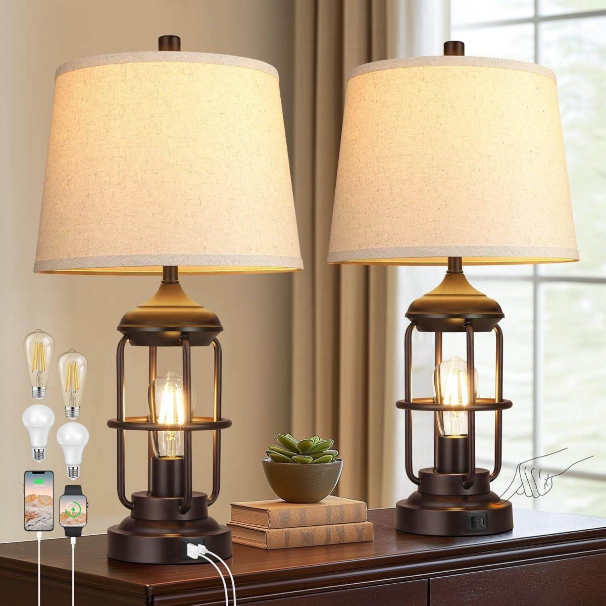 Set of 2 Rustic Farmhouse Touch Control Table Lamps - Omega Lifestyles
