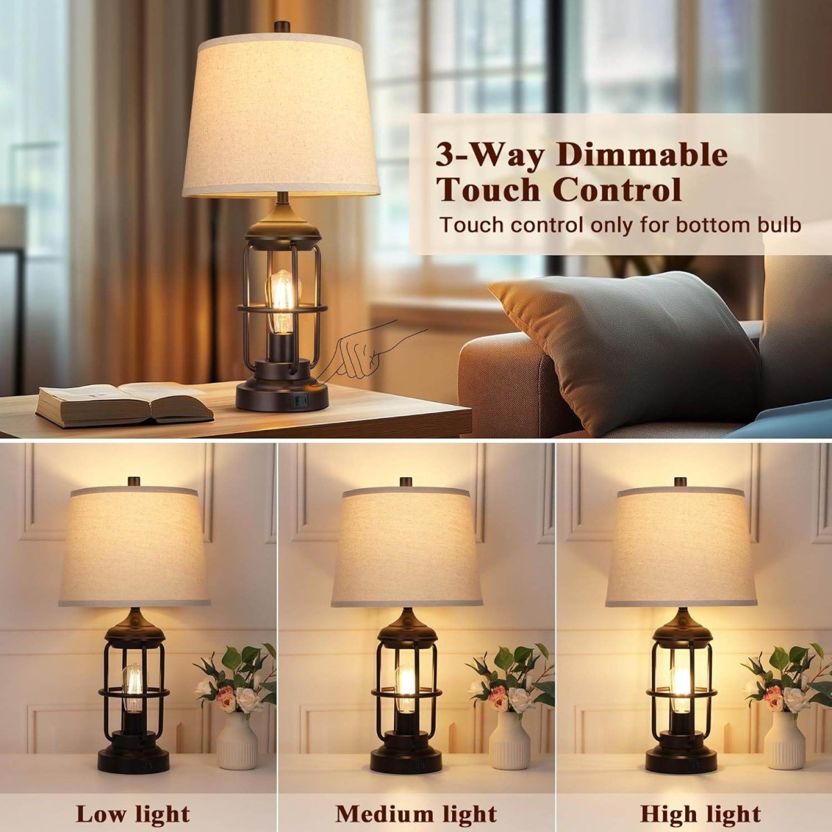 Set of 2 Rustic Farmhouse Touch Control Table Lamps - Omega Lifestyles