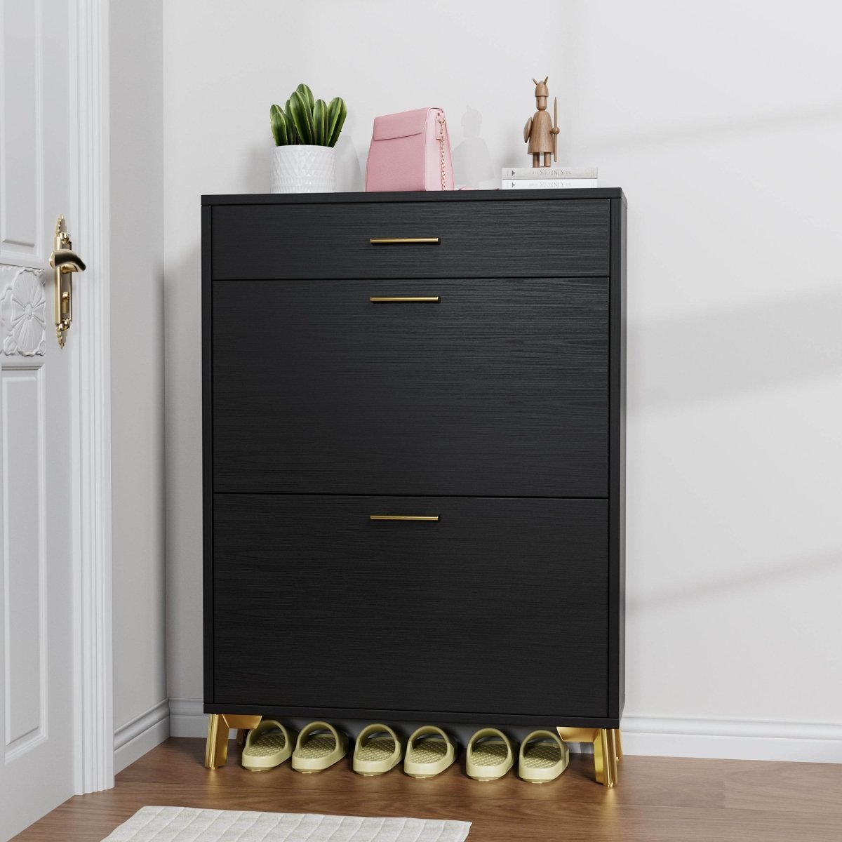 Space-Saving Black MDF Shoe Storage Cabinet With Drawers - Sleep Galleria