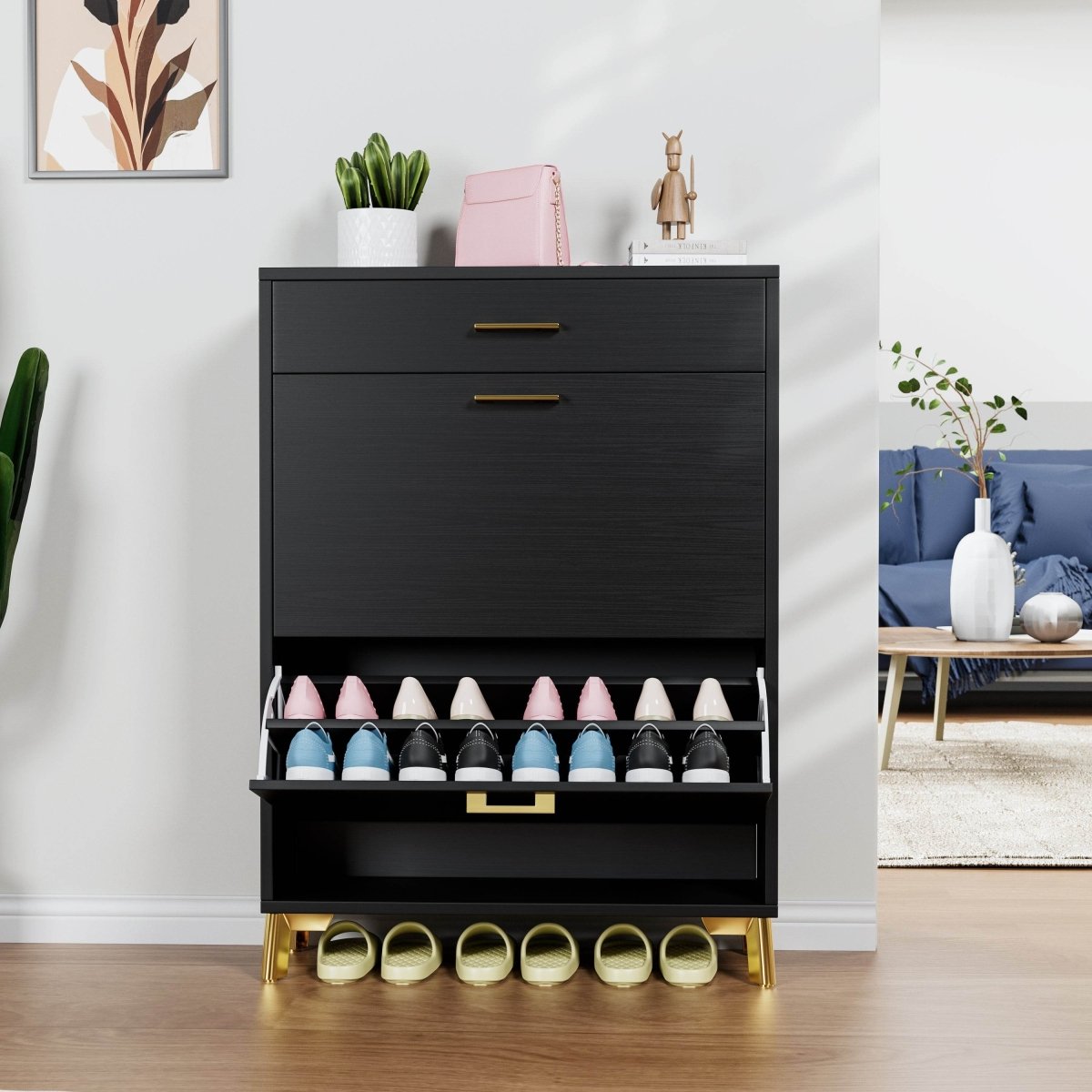 Space-Saving Black MDF Shoe Storage Cabinet With Drawers - Sleep Galleria