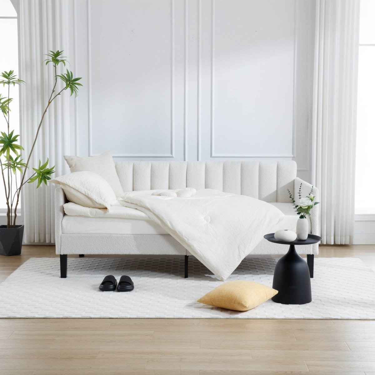 Twin Boucle Upholstered Ivory Metal Frame Daybed - Zenvia - Omega Lifestyles