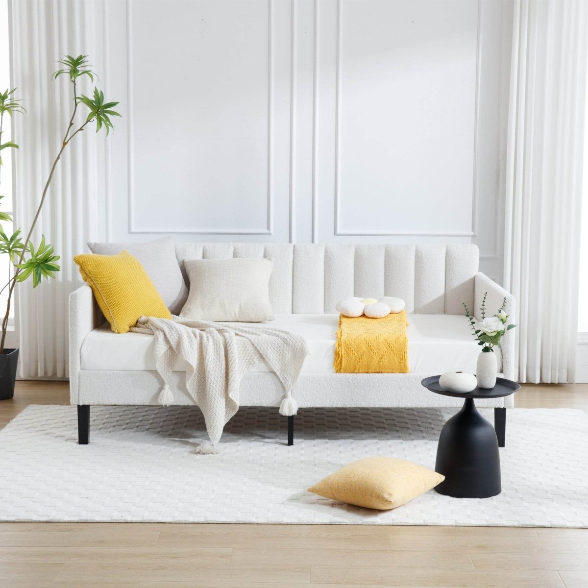 Twin Boucle Upholstered Ivory Metal Frame Daybed - Zenvia - Omega Lifestyles