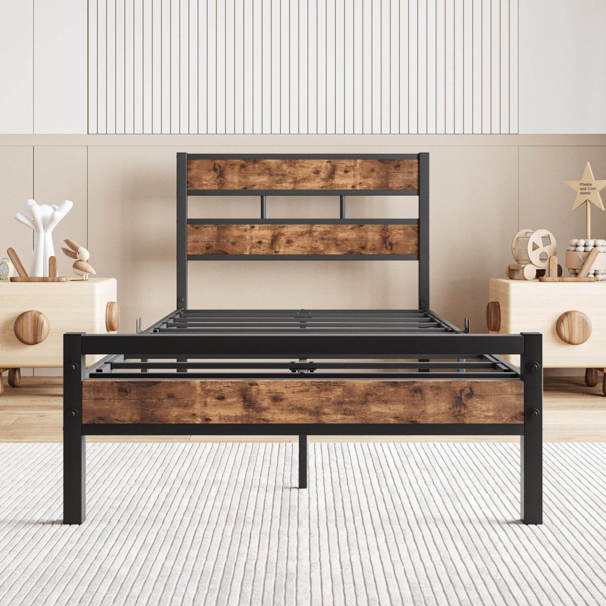 Twin Industrial Metal Wood Platform Bed Frame - Zenvia - Omega Lifestyles