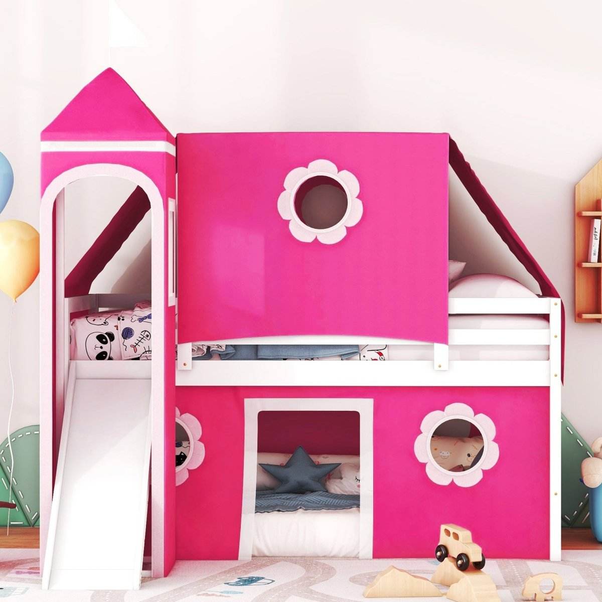 Twin Loft Bed With Slide Tower Pink Playhouse - Sleep Galleria
