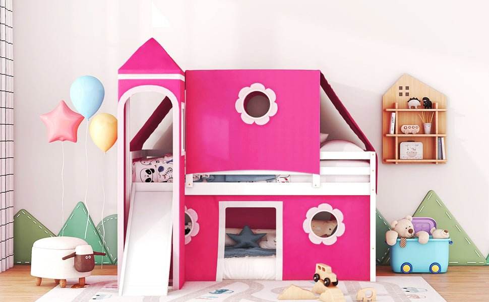 Twin Loft Bed With Slide Tower Pink Playhouse - Sleep Galleria