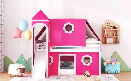 Twin Loft Bed With Slide Tower Pink Playhouse - Sleep Galleria