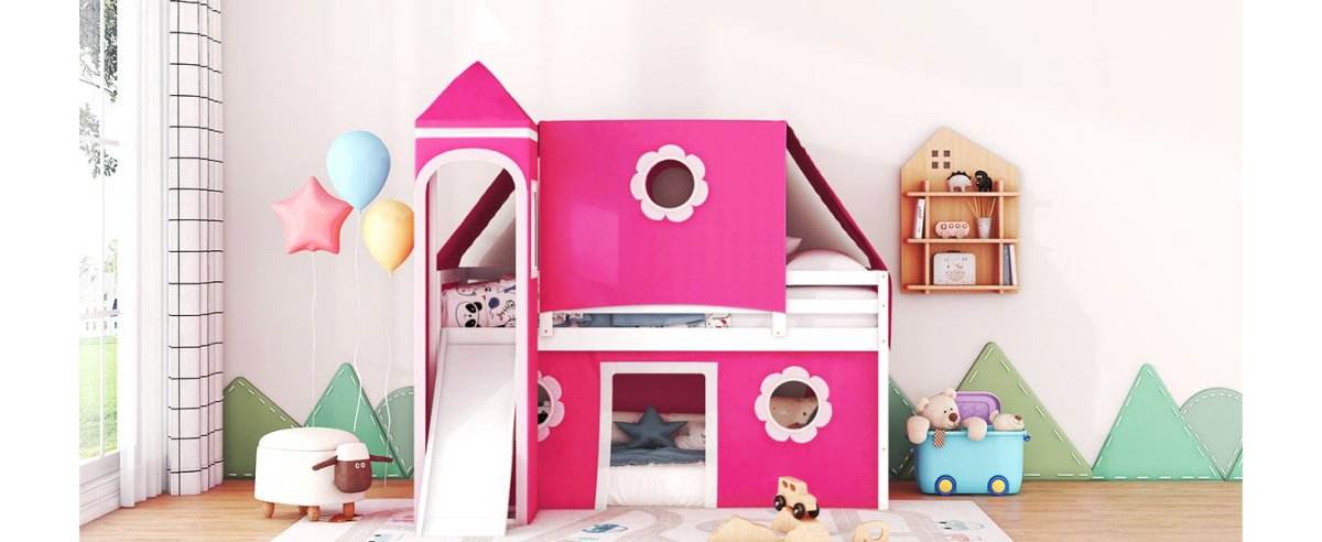 Twin Loft Bed With Slide Tower Pink Playhouse - Sleep Galleria