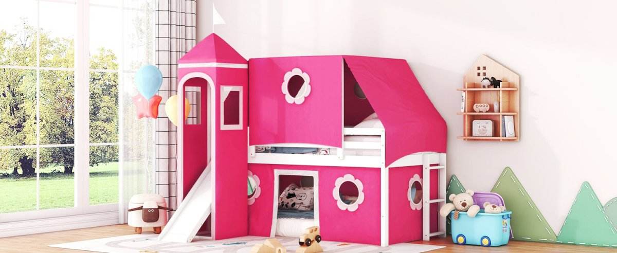 Twin Loft Bed With Slide Tower Pink Playhouse - Sleep Galleria