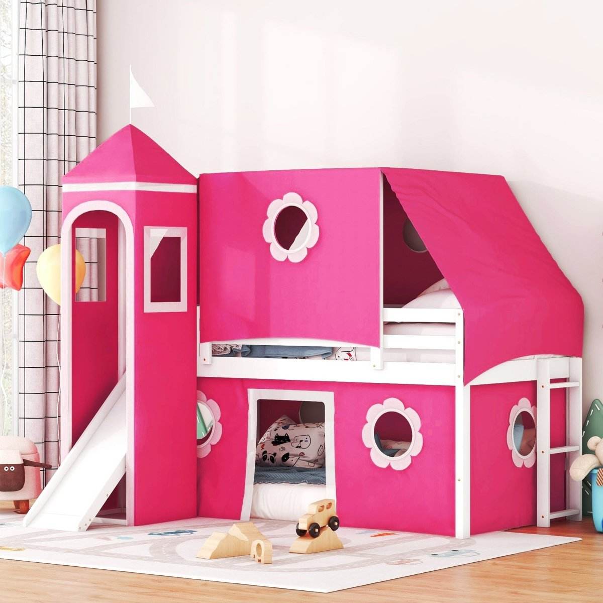 Twin Loft Bed With Slide Tower Pink Playhouse - Sleep Galleria