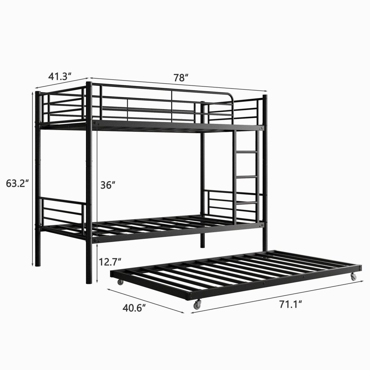 Twin Metal Bunk Bed With Trundle Ladder And Guardrail - Zenvia - Omega Lifestyles
