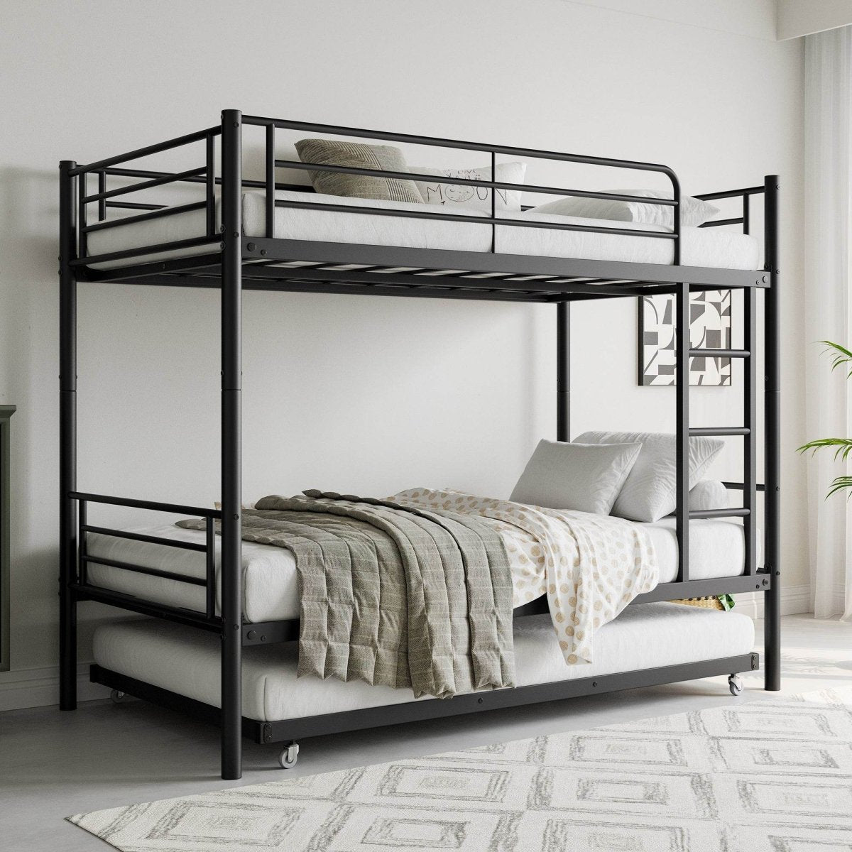 Twin Metal Bunk Bed With Trundle Ladder And Guardrail - Zenvia - Omega Lifestyles