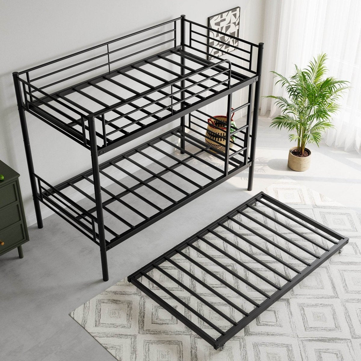 Twin Metal Bunk Bed With Trundle Ladder And Guardrail - Zenvia - Omega Lifestyles
