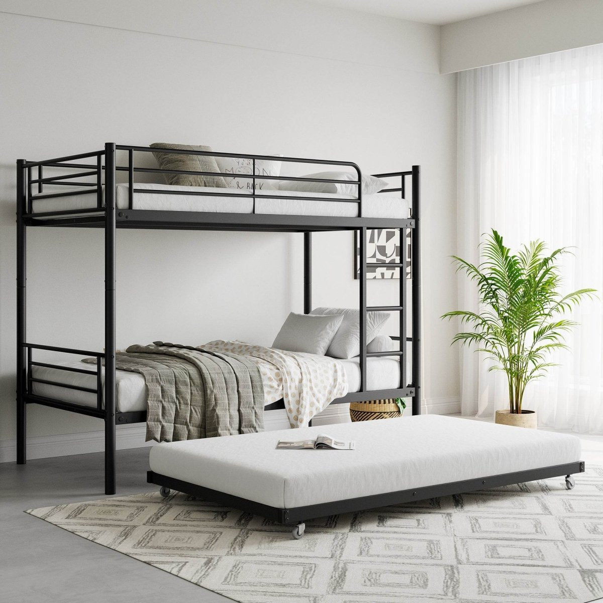 Twin Metal Bunk Bed With Trundle Ladder And Guardrail - Zenvia - Omega Lifestyles