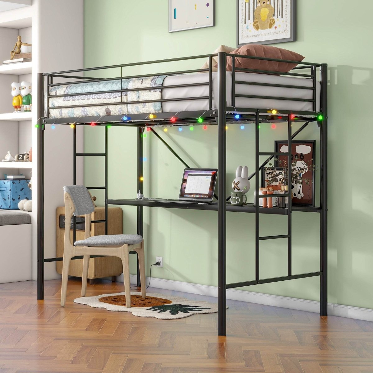 Twin Metal Loft Bed Frame With Desk And Power Outlet - Zenvia - Omega Lifestyles