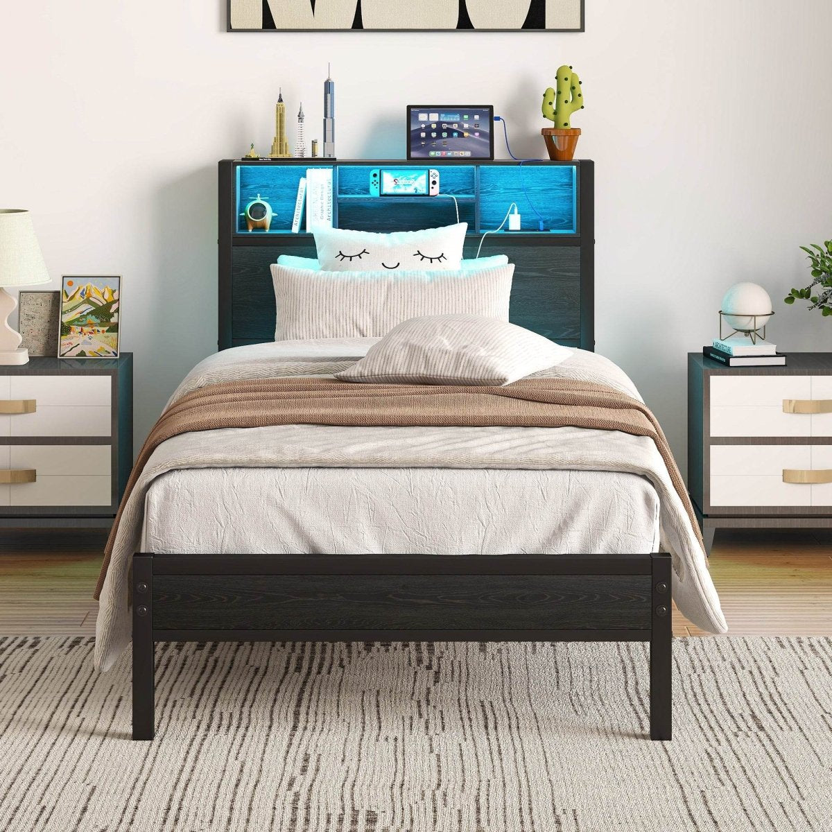 Twin Metal Platform Bed Frame With Storage Headboard - Zenvia - Omega Lifestyles