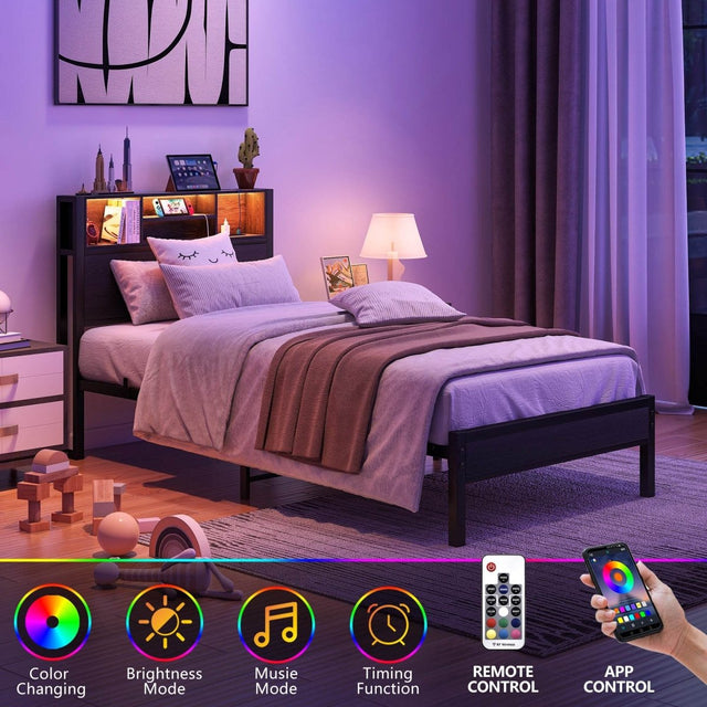 Twin Metal Platform Bed Frame With Storage Headboard - Omega Lifestyles