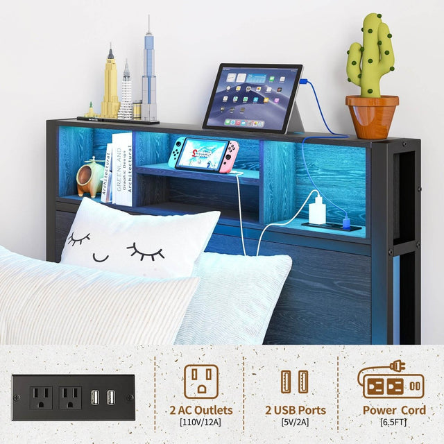 Twin Metal Platform Bed Frame With Storage Headboard - Omega Lifestyles