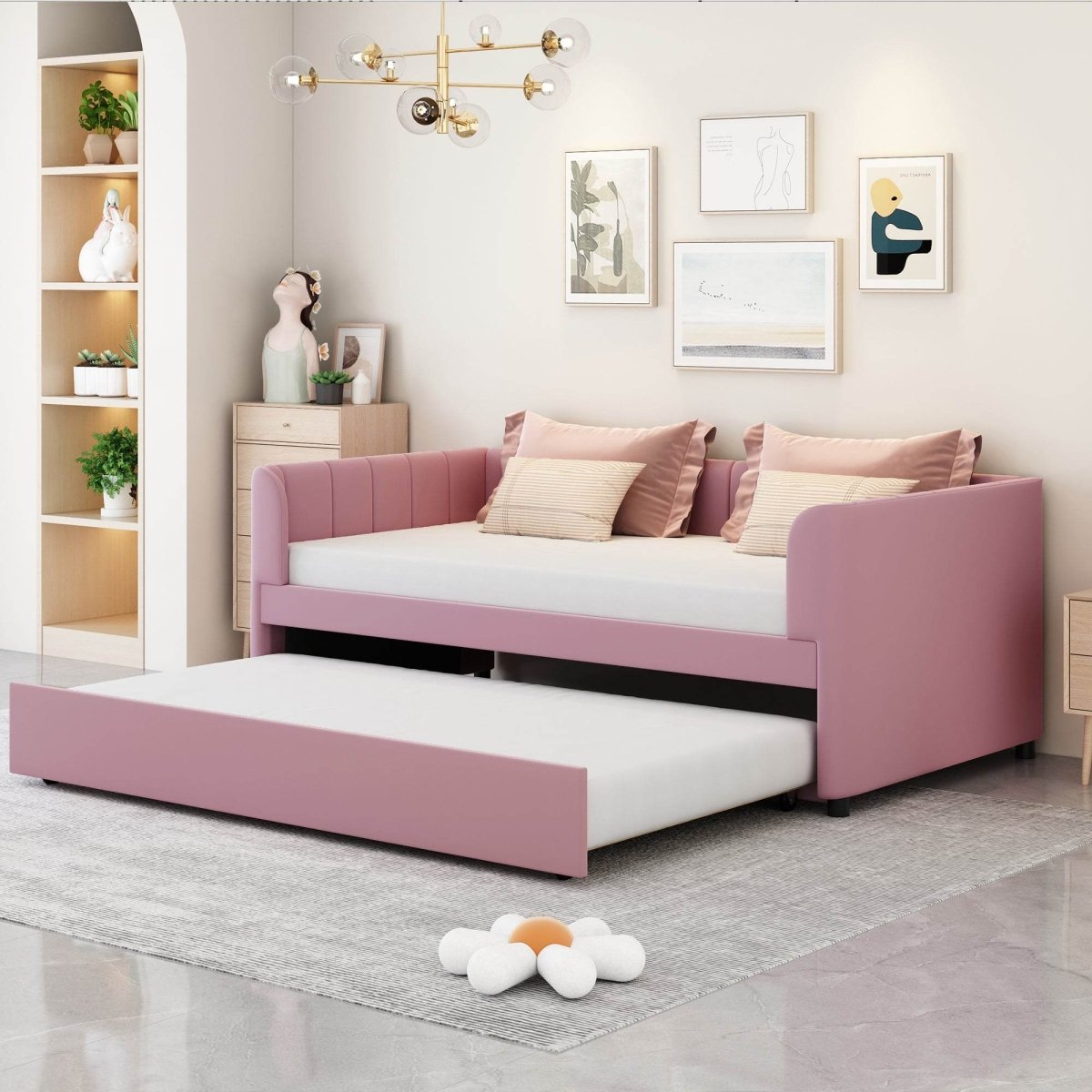 Twin Velvet Upholstered Daybed With Ergonomic Backrest And Trundle - Sleep Galleria