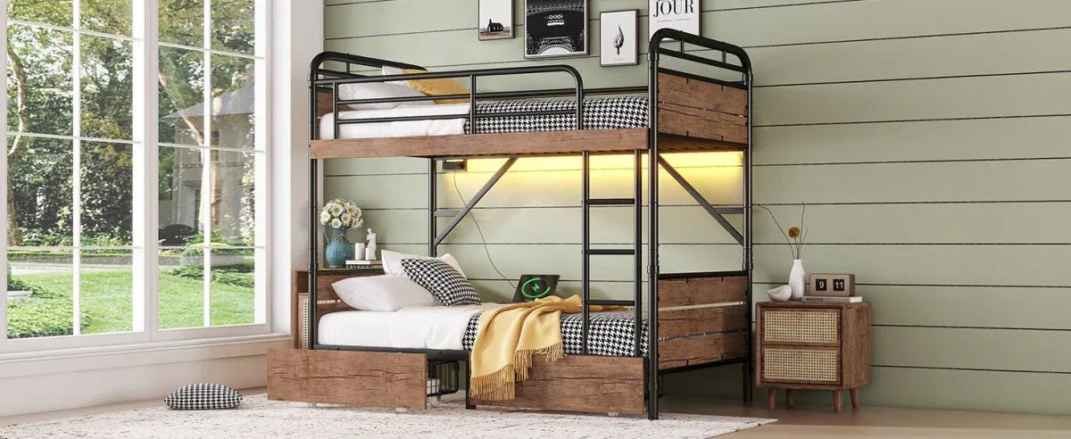Twin XL Metal Bunk Bed With LED Lights And Storage Drawers - Omega Lifestyles