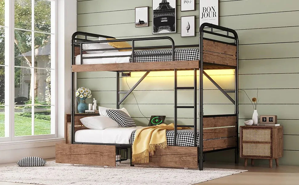 Twin XL Metal Bunk Bed With LED Lights And Storage Drawers - Omega Lifestyles