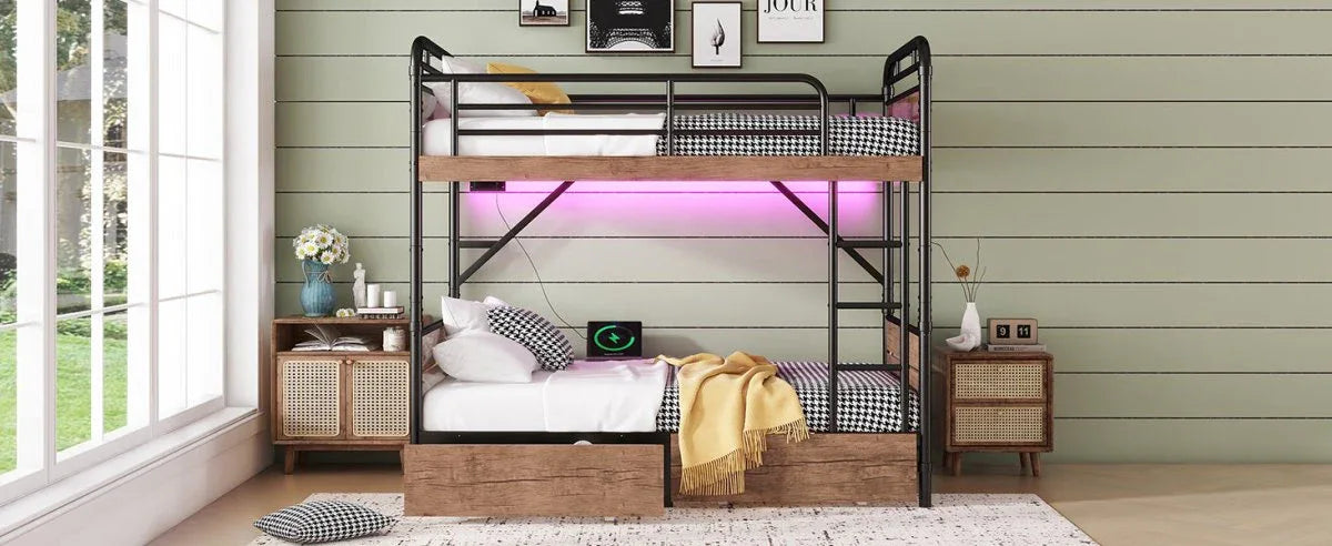 Twin XL Metal Bunk Bed With LED Lights And Storage Drawers - Omega Lifestyles