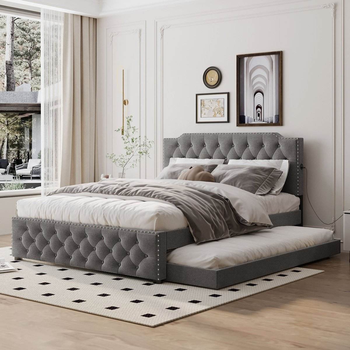 Upholstered Linen Platform Bed With Twin Trundle And USB Ports - Sleep Galleria