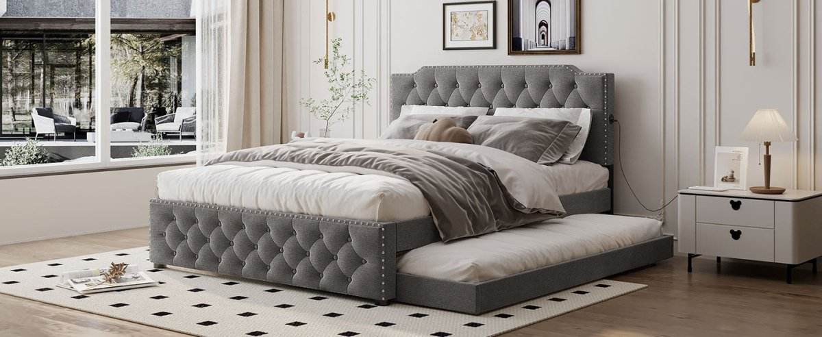 Upholstered Linen Platform Bed With Twin Trundle And USB Ports - Sleep Galleria