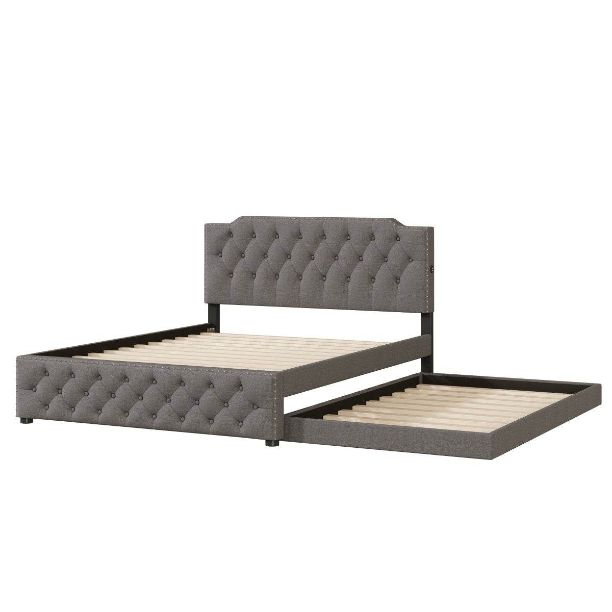 Upholstered Linen Platform Bed With Twin Trundle And USB Ports - Sleep Galleria