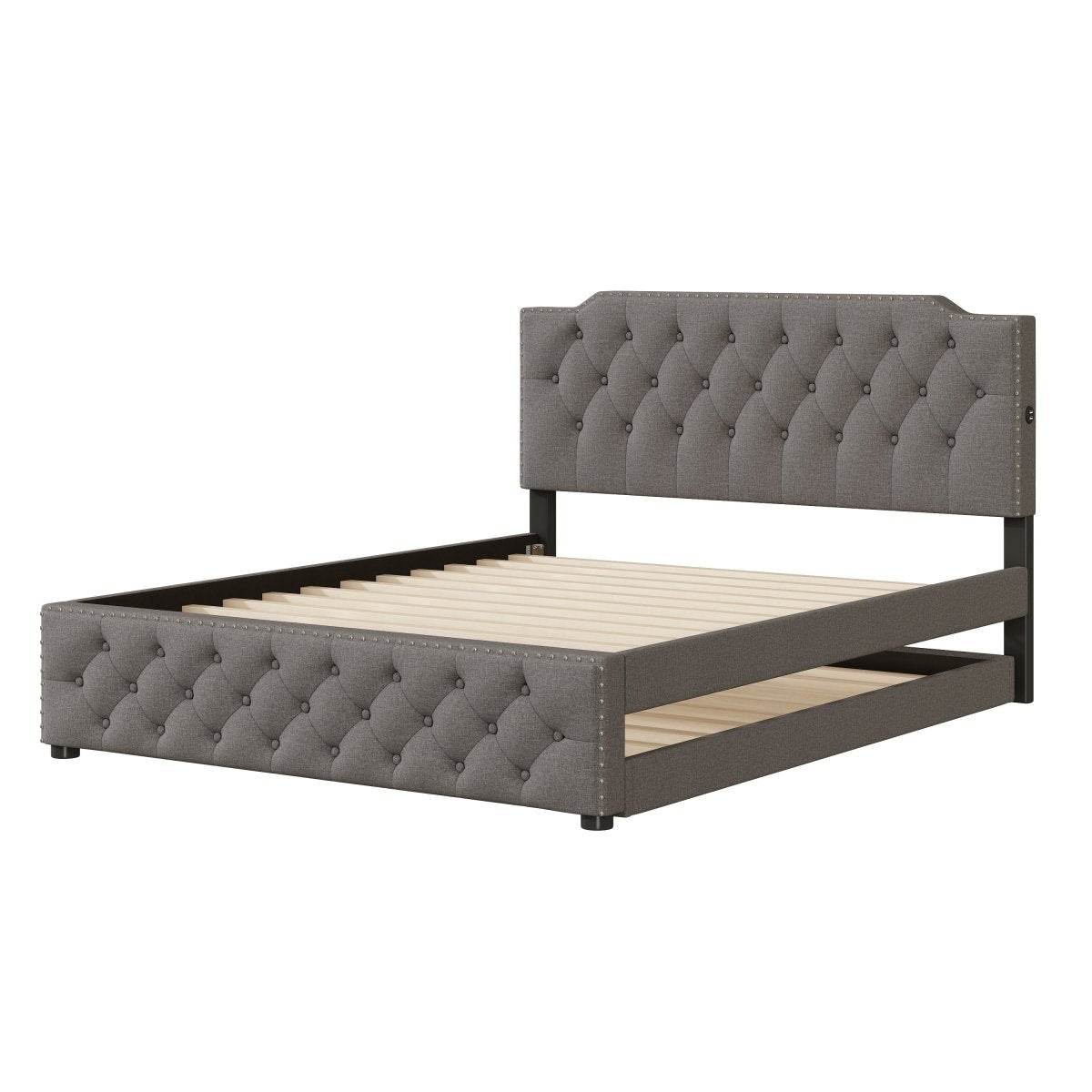 Upholstered Linen Platform Bed With Twin Trundle And USB Ports - Sleep Galleria