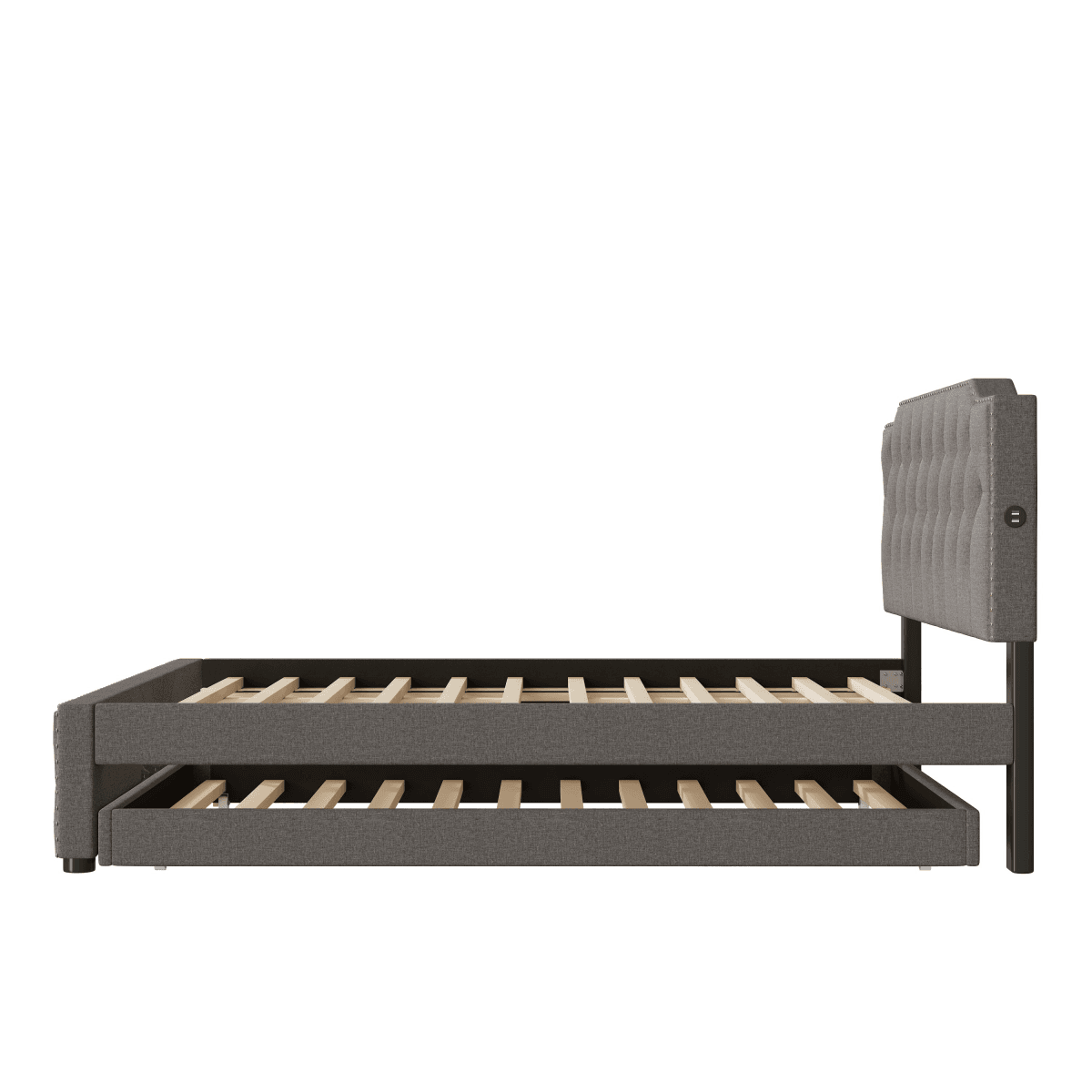 Upholstered Linen Platform Bed With Twin Trundle And USB Ports - Sleep Galleria