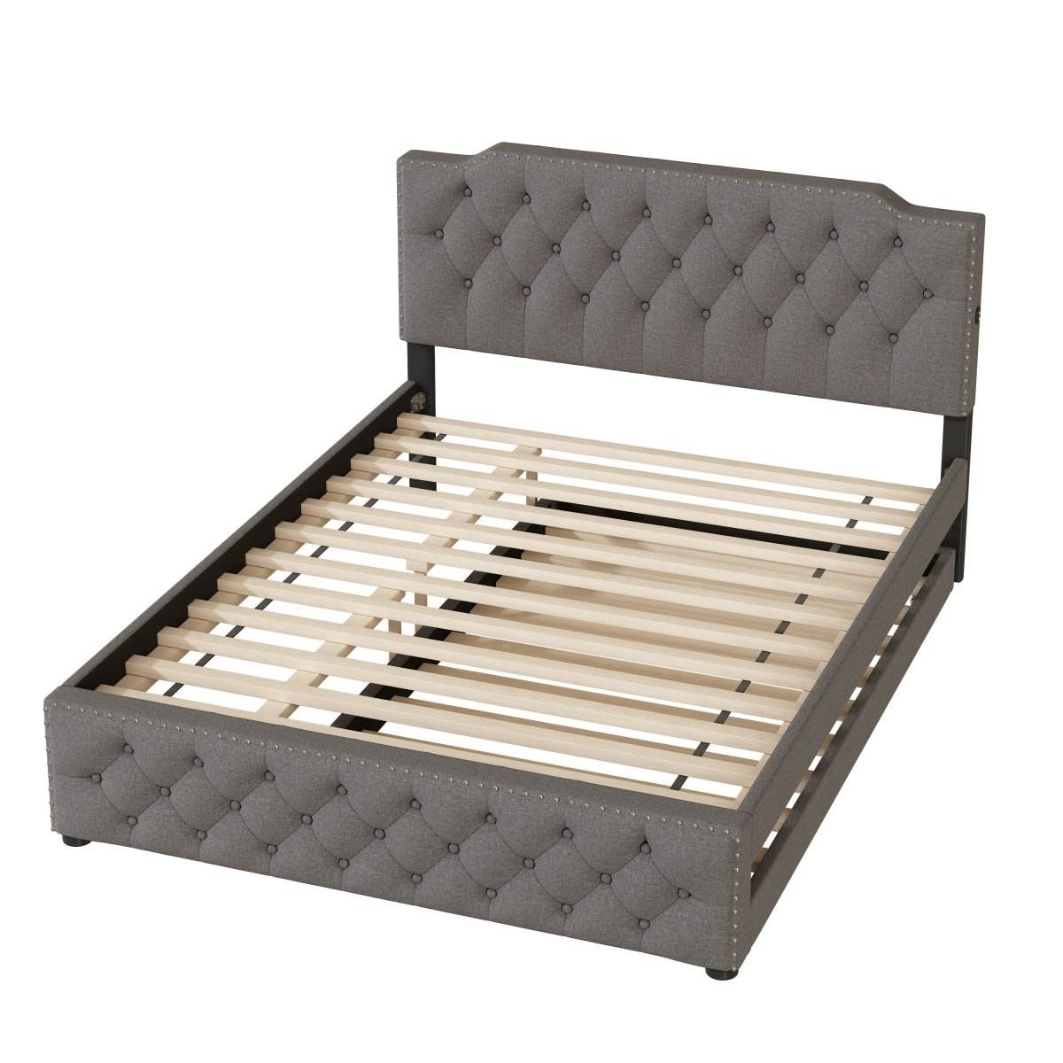 Upholstered Linen Platform Bed With Twin Trundle And USB Ports - Sleep Galleria