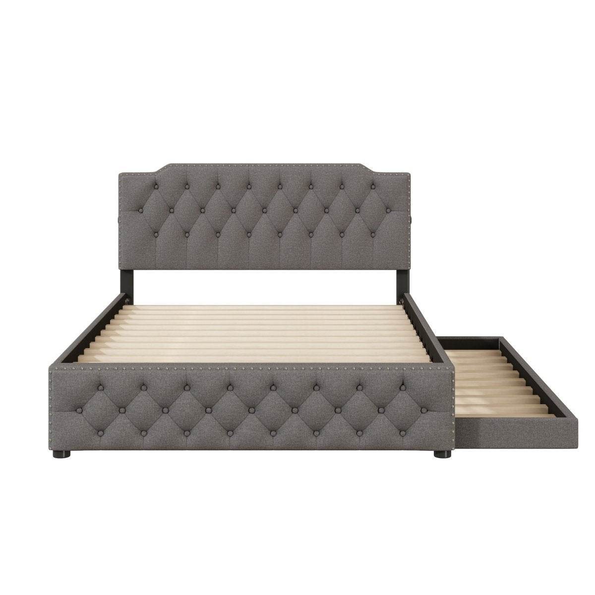 Upholstered Linen Platform Bed With Twin Trundle And USB Ports - Sleep Galleria