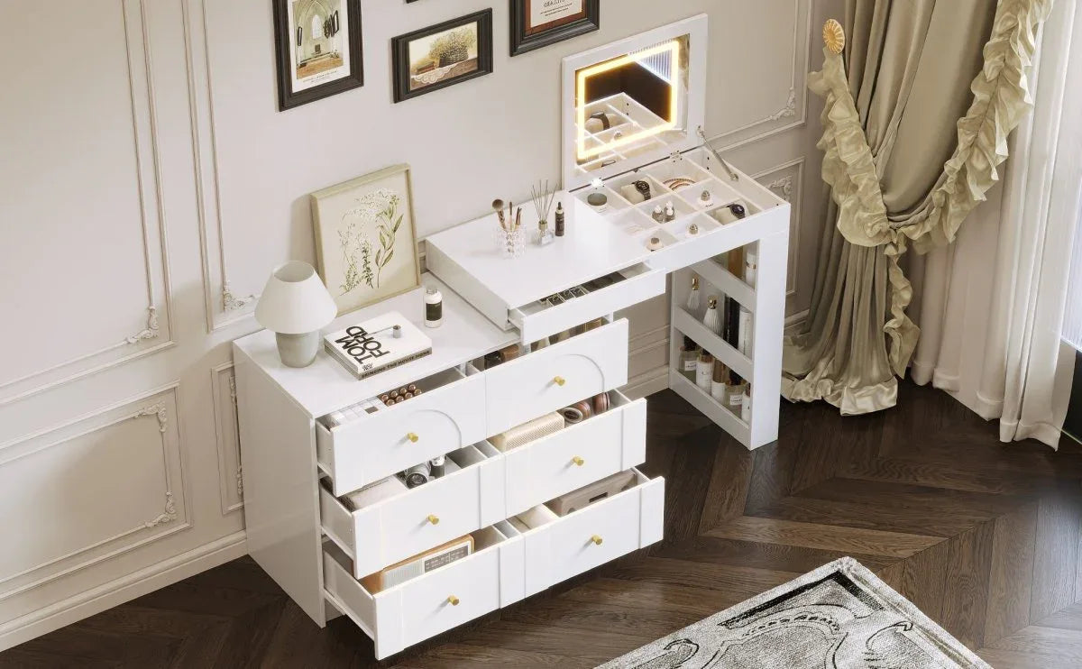 White Makeup Vanity Desk With Mirror Lights And Storage - Omega Lifestyles