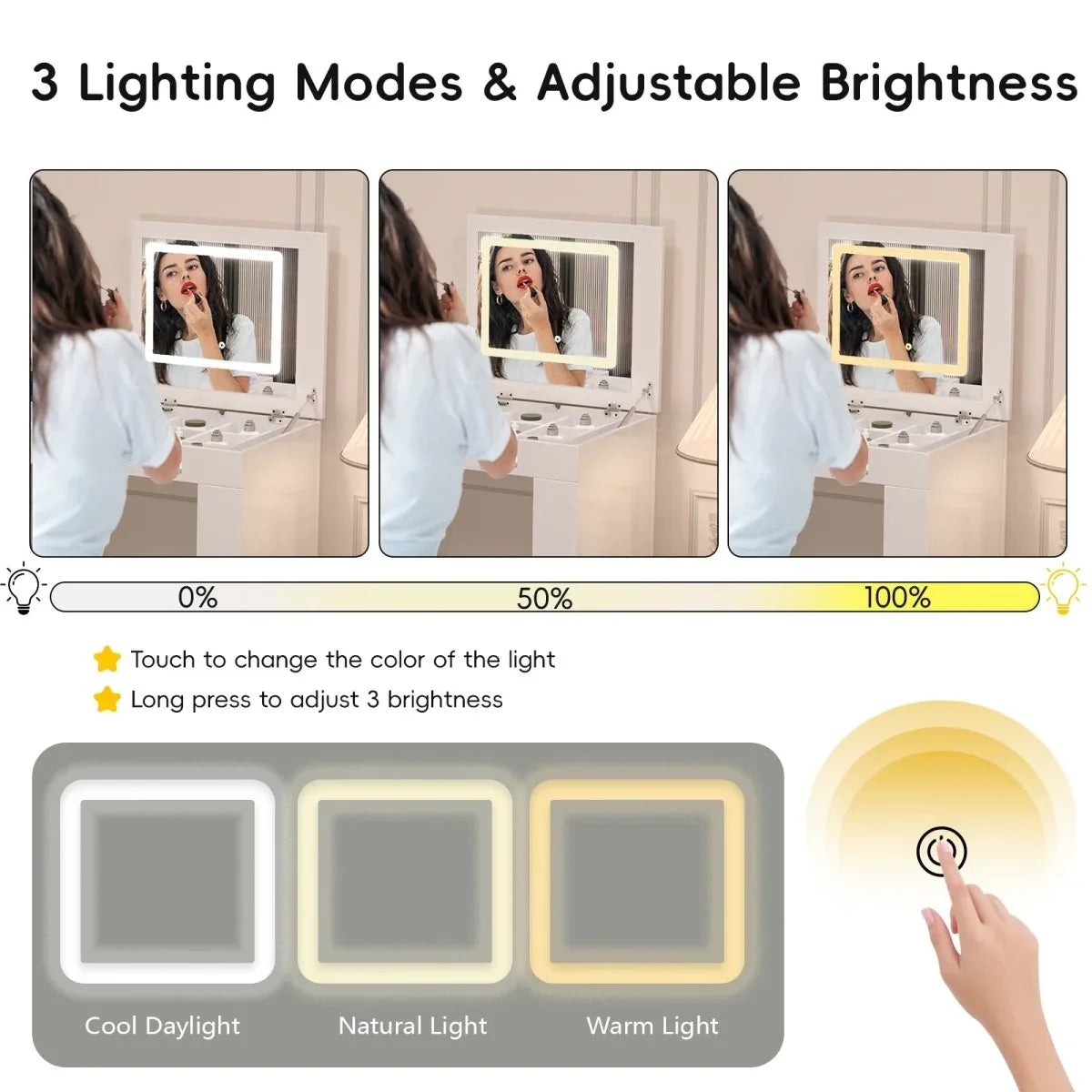 White Makeup Vanity Desk With Mirror Lights And Storage - Omega Lifestyles