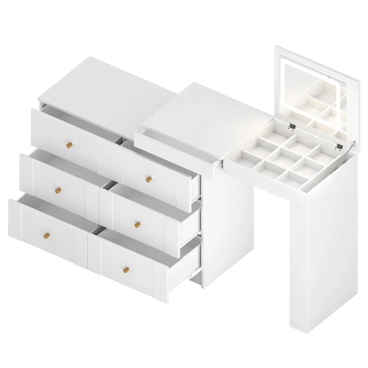 White Makeup Vanity Desk With Mirror Lights And Storage - Omega Lifestyles