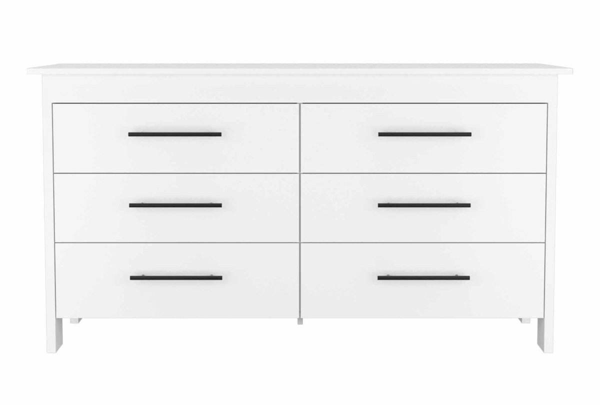White Six Drawer Particle Board Dresser With Metal Pulls - Omega Lifestyles