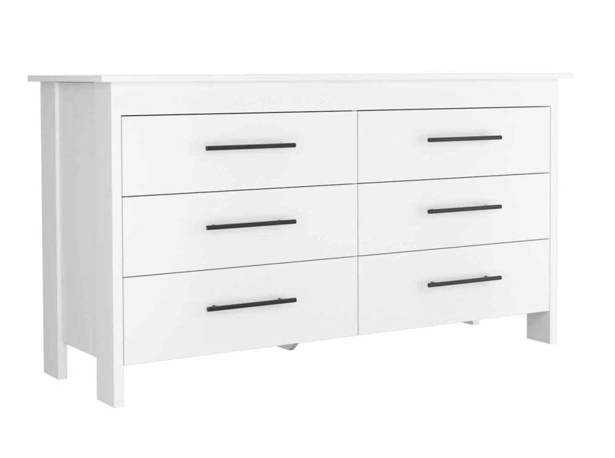 White Six Drawer Particle Board Dresser With Metal Pulls - Omega Lifestyles